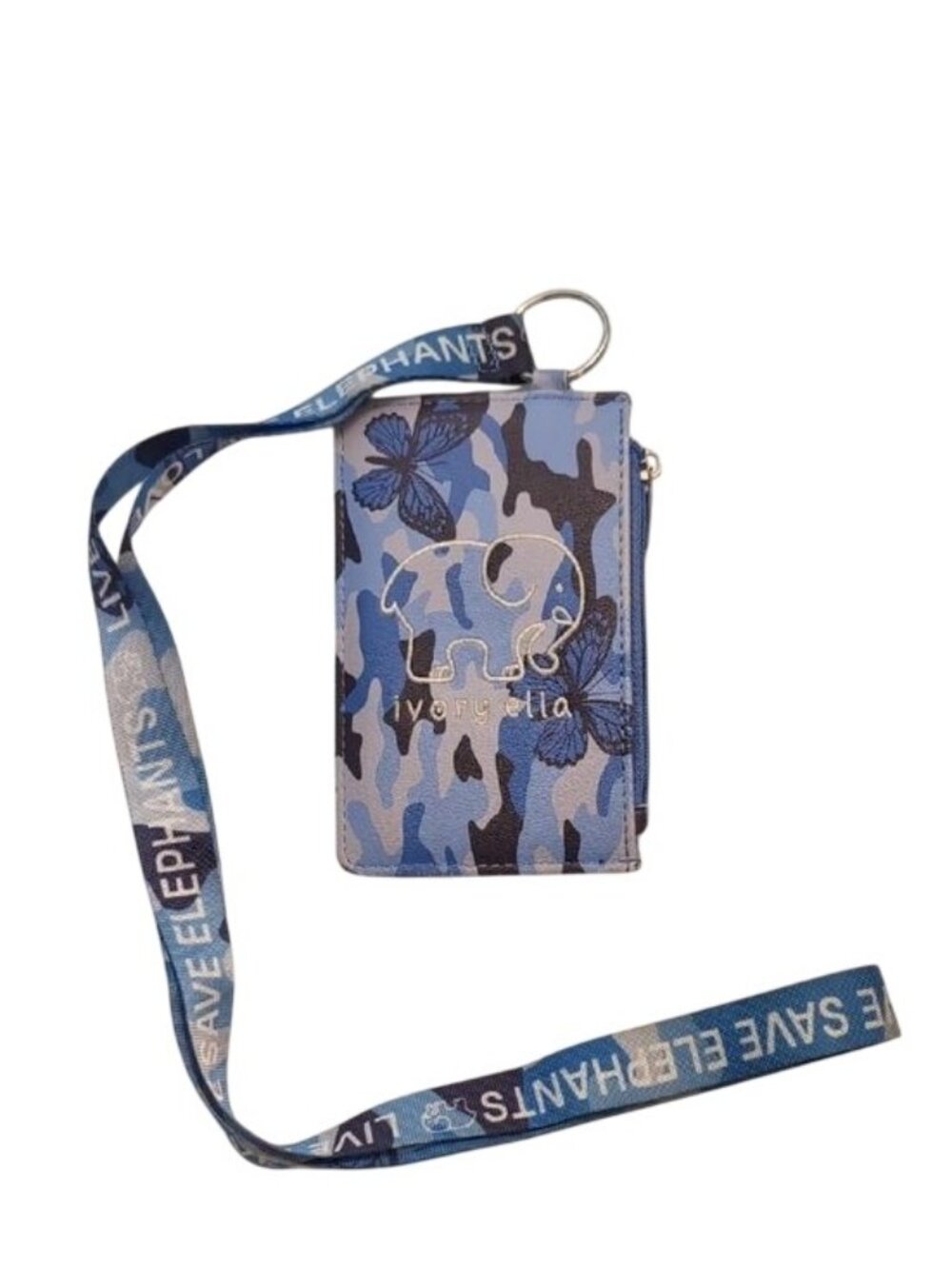 ivory ella Blue Camouflage Cardholder Lanyard with Butterfly Accents